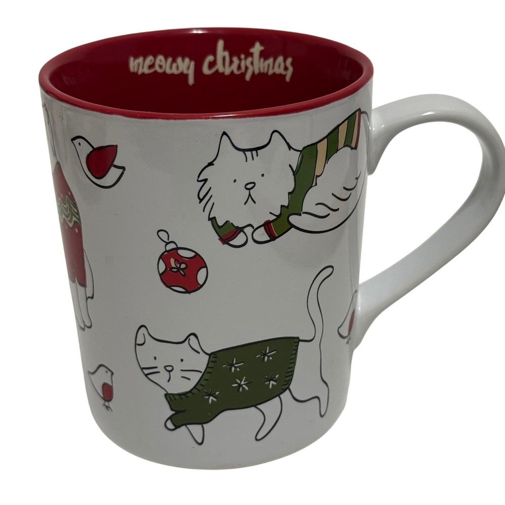 Meowy Christmas Cat Coffee‎ Mug White Red Holiday Cats in Sweaters Ceramic Cup